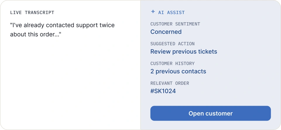 Live transcript beside AI-assisted customer sentiment, history, and suggested action