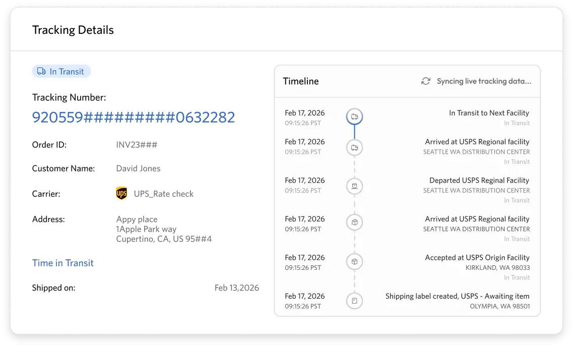 Tracking details and shipment timeline for a customer order