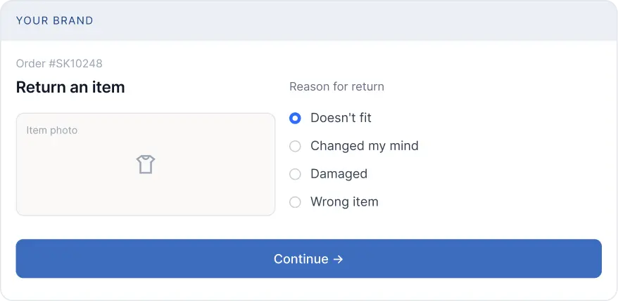 Branded return request form with item details and return reasons