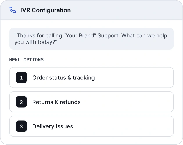 IVR configuration with options for tracking, returns, and delivery issues